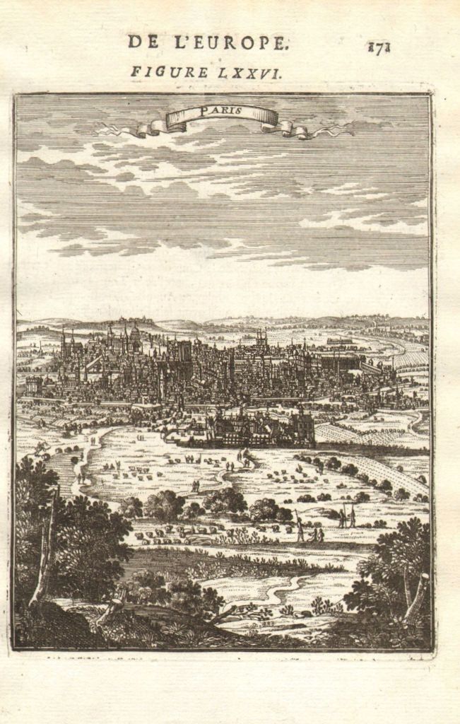 PARIS. Decorative view of the city of Paris. MALLET 1683 old antique print